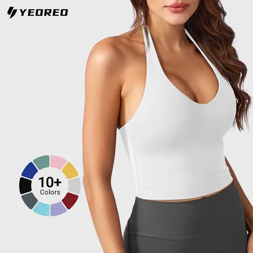 YEOREO Women's Halter Crop Top - V-Neck Padded Bra Sleeveless Backless Athletic Tank, Hazel Summer Going Out Chic Top for Workout (Sohochic), Athletic Top