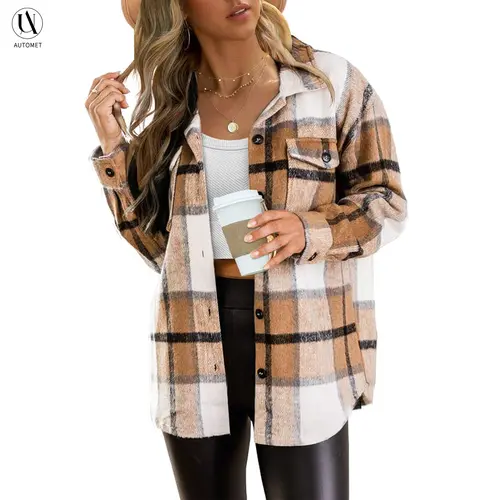 AUTOMET Women's Casual Plaid Flannel Shacket, Soft Long Sleeve Button-Down Fall Coats with Pockets, Lady, Thanksgiving, Easter, Valentines Day, Casual Chic, Basics, Night Out, Loose Fit, Tops, Holiday, Long Length, Plaid Print, Shirt, Classic