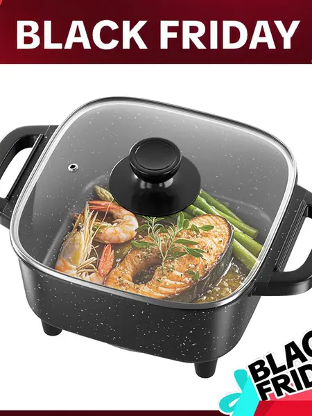 AORAN Portable Deep Ceramic-Liner Electric Skillet - Nonstick Frying Pan Kitchen Appliance with Glass Lid, Adjustable Heat Control, Aluminum Body, Corded Plug, Heats Up Quickly for Quick Cook Convenience in Dorms, Small Kitchens