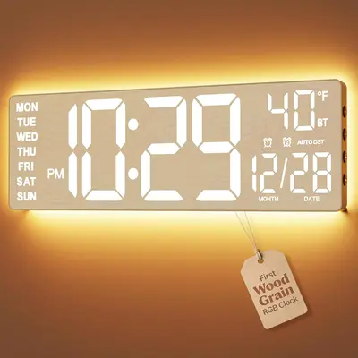 <Backtoschool>EASYERA 16.5" Large RGB Digital Wall Clock with Remote Control RGB Atmosphere Lights 11 Scenes Dual Alarms LED Display for Livingroom Classroom, Office, Game, Craft Room, Game-Changer for Seniors & Elderly, Grey & Kids