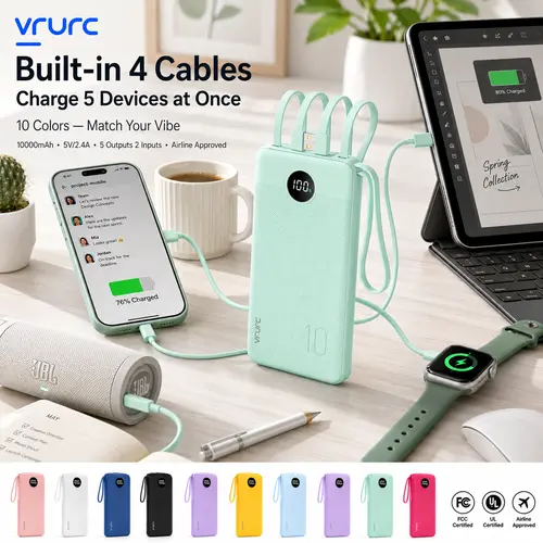 VRURC 10000mAh Portable Power Bank - Rechargeable Mobile Accessory with 4 Built-in Type-C/USB-A Cables, LED Display, Advanced Safety Features, Multiple Device Charging for iPhone/Samsung (Green) - Ideal for On the Road, Everyday Carry