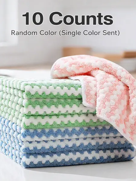 10 Counts Microfiber Cleaning Cloth, Kitchen Towels Absorbent Streak Free Cleaning Towels for Dish Drying Washing, 9.84" x 9.84" Striped Washable and Reusable Towels Random Color