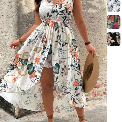 [Plus Size] Two-piece Set Floral Print Split Hem Top & Shorts Set Sleeveless, Boho Casual Two-piece Outfits for Beach Vacation Holiday, Women's Clothes for Summer, Bohemian, Fashion Style Sets, Womenswear, Fashion Clothing Set