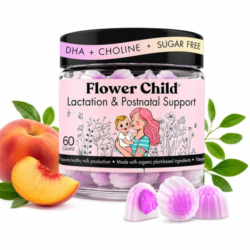 Lactation Supplement Gummies for Breastfeeding Moms | Organic Moringa | DHA | Choline | Fenugreek-Free, Supports Healthy Milk Supply | Peach Flavor | 60 ct | Flower Child Nutrition