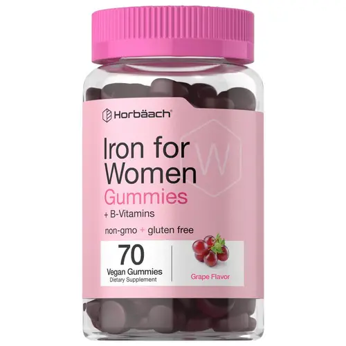Horbäach Iron Gummies for Women - Supplement with B Vitamins - 70 Count - Grape Flavor - Vegan, Non-GMO & Gluten Free