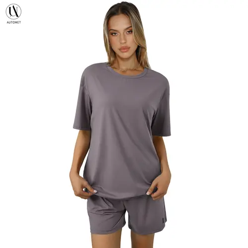 AUTOMET Women's Sporty Chic 2-Piece Set, Casual Cloud Soft Crew Neck Tee and Biker Shorts Loungewear, Round Neck, Women's Matching Sets, Women's Casual 2 Piece Sets
