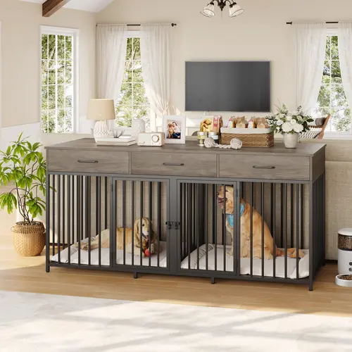 【2 packages shipping 】HOSTACK Double Dog Crates Furniture, 71" Wide Indoor Dog Kennel with 3 Drawers, Farmhouse Dog Cage for 2 Large/Medium Dogs with Removable Divider, Wooden Pet House