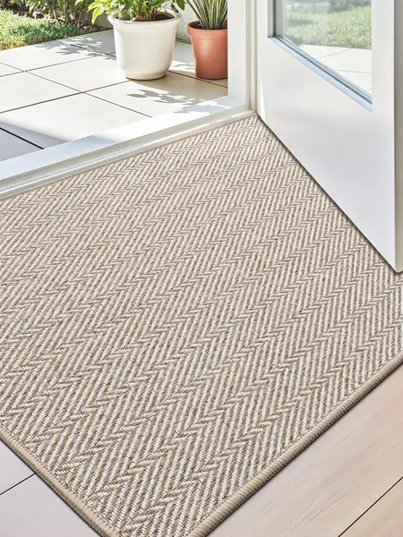 LUMI Ultra-Thin Non-Slip Low-Profile Indoor Door Mat, Herringbone Style House Decor Rug, Washable Apartment Accessories for Entrance, Patio, Aesthetic Home Decor Patio-Ready Mat