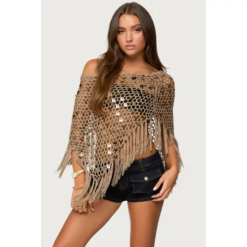 Fringe Sequin Crochet Poncho