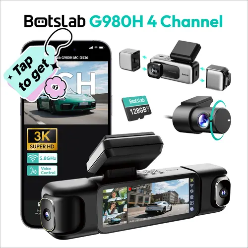 Botslab 3K 4 Channel Dash Cam with 3.18” Touch Screen, 24/7 Parking Mode, Built-in GPS, 5.8G WiFi, Night Vision, Voice Control, 128GB Card, Rear Camera Monitor Touchscreen Dash Cam Car Dvr,car accessories,toolupgrade