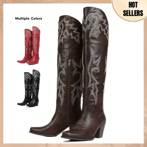 Knee High Tall Cowboy Boots Women Vintage Embroidered Pointed Platform Over the Knee Cowgirl Boots Fashion Square Toe Chunky Heel Western Over-The-Knee Vacation Boots,shoes for back to school,back to school shoes,sohochic