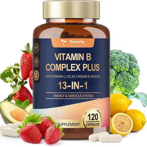 Totaria 13-in-1 Vitamin B Complex Plus with Vitamin B1-Energy, Nerve, Immune, Skin Support - 120 Vegan Capsules