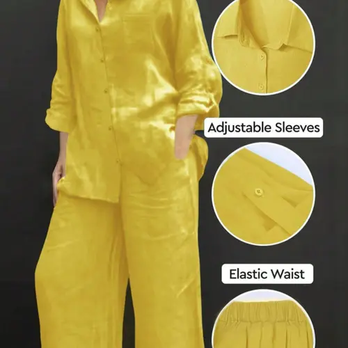Women's Solid Color Long Sleeve Shirt & Wide Leg Pants Set, Casual Fashion Cozy Breathable Loungewear Homewear Two-piece Outfits for Daily Outdoor Wear, Women Clothes Womenswear for Spring Fall, Lady Co Ord Set