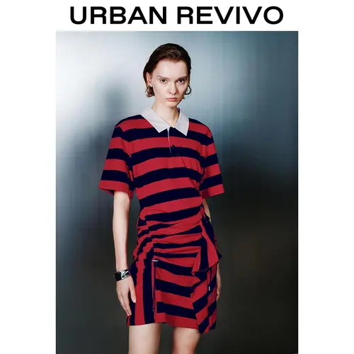 URBAN REVIVO Women's Casual Striped Cotton-Blend Short-Sleeve Straight Dress - Irregular Hem, Everyday Elegance, Trending Clothes, Versatile 1-Piece Fashion Apparel