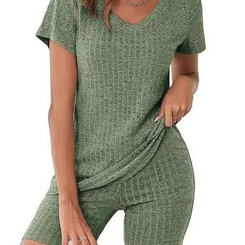 Ekouaer Maternity Clothing Set, Women's Stretchy 2-Piece Ribbed Lounge Outfit with V-Neck Top & Biker Shorts, Pregnancy Activewear for Workout, Ribbed Texture, V-Neck Cut