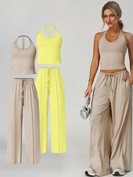 Nvwaurban Women's 2-Piece Athleisure Outfits, Summer Ribbed Fabric Style Set with V-Neck Strappy Top & Wide Leg Pants, Breathable Workout Lounge Wear for Gym & Travel, Sports Clothing Sets for TikTok Shop Back to School,sohochic