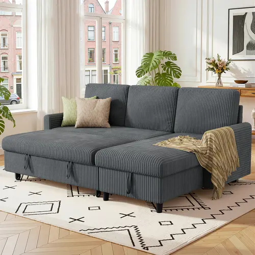 Walsunny Classic 77" L-Shaped Corduroy Convertible Sleeper Sofa with Storage Chaise, Dual-Function Pull-Out Couch Furniture for Living Room, Small Space Apartments (Multi-Purpose Convertible Sofa Sets)