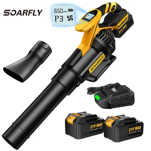 【650CFM/130MPH + Dual Battery】 SOARFLY Cordless Leaf Blower,  650 CFM Airflow Electric Leaf Blowers with 2×4.0Ah Batteries and Charger, LCD Display, 3 Speed Modes, Powerful Snow Blowers for Lawn Care, Patio, Dust, Blowing Leaves