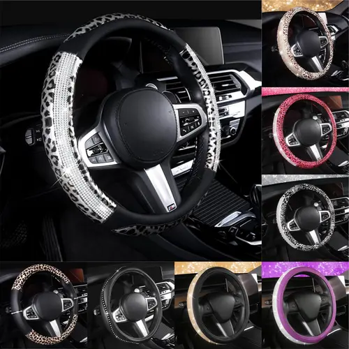 AUTOYOUTH Leopard & Cheetah All Over Print Steering Wheel Cover - Bling Crystal Rhinestone PU Leather, Non-Slip Breathable Car Interior Decor, Bling Diamond Car Styling Accessory for Women, Universal Fit 14.5-15 in (Black & Silver)