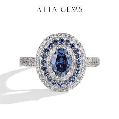 ATTAGEMS 1CT Blue Oval Lab-Created Moissanite Halo Ring for Female Adults, Elegant High Setting Fine Engagement Promise & Anniversary Jewelry, High Setting Ring