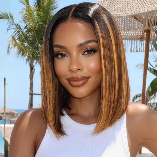UNice Glueless Frontal Wig - 7x5 HD Lace Closure Pre Bleached Straight Cut Brown Piano Highlights with Dark Roots, Invisible Knots Human Hair Wig for Female Beginners, Ready-to-Go Short Bob,sohochic