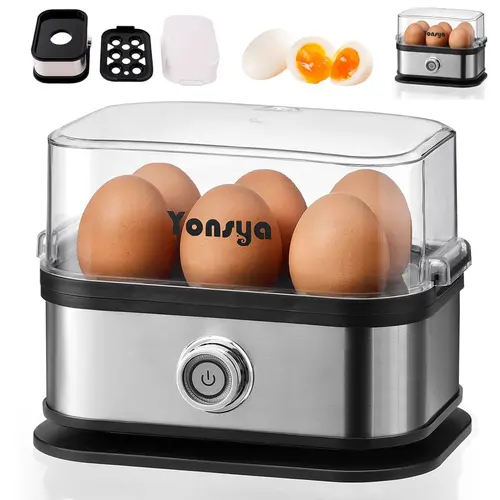 Yonsya 2025 New Smart Electric 6-Egg Cooker - Auto Shut-Off, Stainless Steel Sleek Design, Soft/Medium/Hard Boiled, Poacher, Omelet Maker, Egg Steamer, Measure Cup Ready, Ideal for Healthy Meals & Kitchen Decor, Home Decor