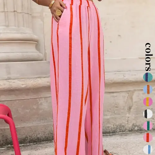 Women's Striped Print Wide Leg Pants, Boho Casual Trousers, Casual Comfy Trousers for Daily Wear, Ladies Bottoms for All Seasons, Casual Chic Bottoms, Casual Style Bottoms, Casual Straight Leg, Woven