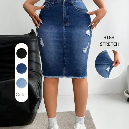 Women's Slim-Fit Ripped Denim Skirt, High-Waisted Knee-Length, Casual Button Closure, All-Season Fashion, Multiple Colors Available, Hip Hugging Skirt