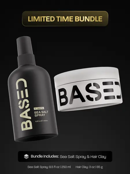 BASED Texture & Hold Duo: Sea Salt Spray & Hair Clay Bundle - Science-Backed Volumizing Spray with Kelp & B5 + Strong Hold Texturizing Clay with Santal Sandalwood, Low Shine, Paraben Free
