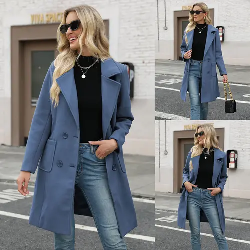 Molitree Women's Blue Wool Blend Winter Coat Double Breasted Notch Lapel Mid Long Fitted Jacket Elegant Casual Outerwear Button Front Long Sleeve