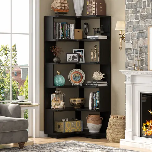 Modern L-Shaped Corner Bookshelf - Freestanding Engineered Wood Bookcase with Baffle, Adjustable Storage Shelves, Anti-Tip Kit, Contemporary Furniture for Small Spaces, Home Office (30-60 Minutes Assembly, Ideal for Nursery Books Storage)