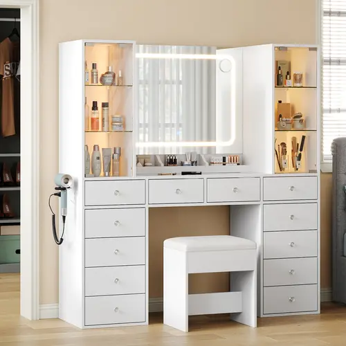 FUSOU 55in Rectangular Sturdy LED Luxury Makeup Vanity Set with Mirror - Glass Top Dresser, 12 Drawers, Charging Station, 2 Glass Cabinets, Chair, 3 Lighting Modes, Adjustable Brightness (2-Package Shipping) for Bedroom Decor, Makeup Organization