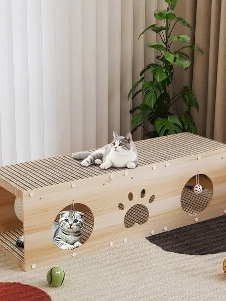 IRONCK 39-in Spacious Solid Wood Cat House, 5-in-1 Durable Easy-to-Install Cat Furniture with Scratcher Board, Vertical Scratcher, Ball Toy & Pre-Cut Panels for Indoor Kittens