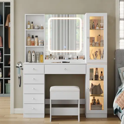 FUSOU Sturdy 47" Makeup Vanity Desk with LED Mirror, 2 Cabinets, 6 Drawers, Built-in Charging Station (2 USB Ports), 3 Color Modes, Adjustable Brightness, Glass Top, Storage Box, Padded Stool, Hair Dryer Stand for Bedroom Mom & Wife Makeup Organization, 3