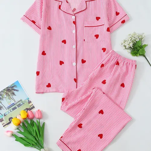 Women's Heart Print Short Sleeve Pajama, Casual Comfy Heart Print and Striped Lapel Neck Pocket Shirt & Pants PJ Set, Cozy Matching Sleepwear, Ladies Sleepwear for All Seasons, Casual Summer Loungewear, Loungewear, Pyjamas, Womenswear