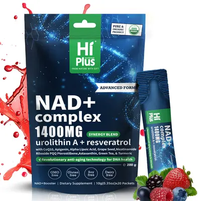 HiPlus NAD Supplement Berry Flavor Drink 1400 mg Urolithin a Extra Strength Liposomal, Green Tea + Astaxanthin for Women & Men, Resveratrol, CoQ10, Alpha Lipoic Acid – Energy Beauty Healthcare Anti-Aging –20 Pockets