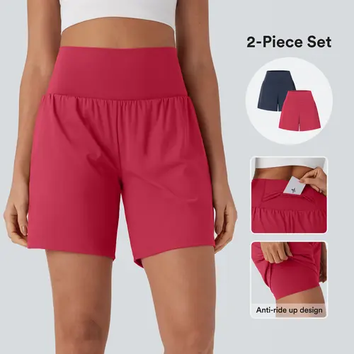 【Creator’s Pick】Halara 2-Piece Softlyzero Airy Super High Waisted 2-in-1 InstantCool Yoga Shorts 7" with Pockets Set #BackToSchool