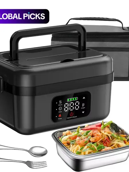 Cordless Rechargeable Self-Heating Electric Lunch Box with Timer, 1L Portable Durable Solid Plastic Food Warmer, Heatable Lunch Box, Heated Lunchbox for Adults Work & Travel, High-Quality Plastic Heated Lunch Boxes #GLOBAL PICKS