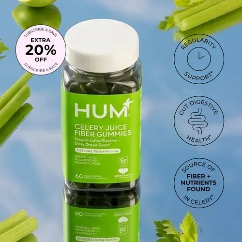 HUM Celery Juice Fiber Gummies for Detox & Gut Health - 60 Vegan Gummies with Chlorophyll & Prebiotic Fiber - Non-GMO, Soy-Free, Gluten-Free - Daily Green Boost