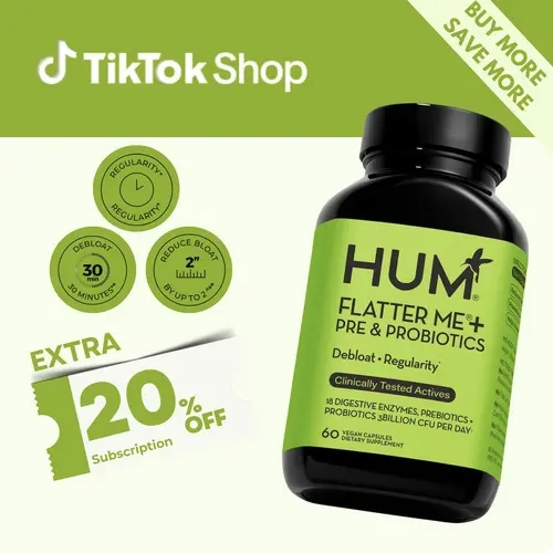 HUM Flatter Me+ Pre & Probiotics - Fast Acting Bloat Relief Supplement for Digestive Health & Debloating - Vegan 60 Servings - Clinically Tested Active Ingredients - Healthcare - Dietary Fitness Edible
