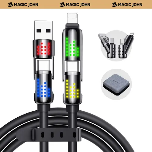 MAGIC JOHN 4-in-1 Charging Cable, 240W Fast Charge, RGB Lights for Smartphone, Cellphone, Mobile & Electronic Devices