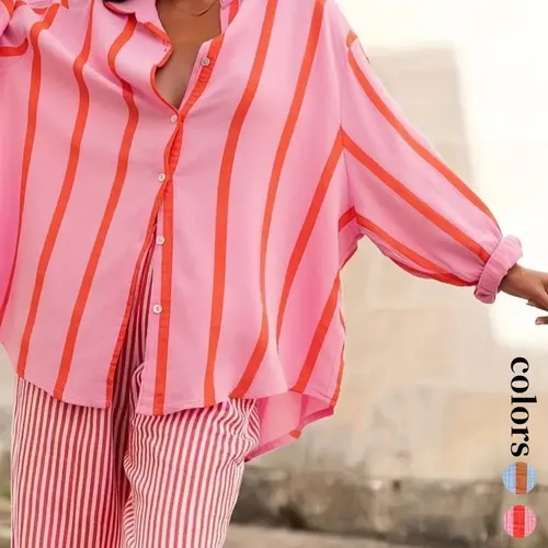 Women's Striped Print Long Sleeve Shirt, Collared Shirts, Button Up Blouse, Elegant Casual Top for Daily Wear, Ladies Clothes for All Seasons