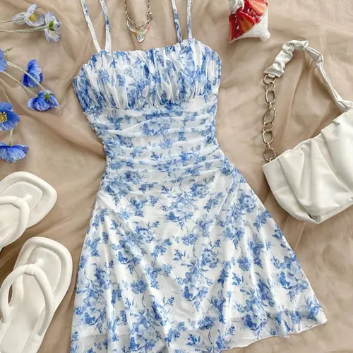 Women's Floral Print Dress, Boho Chic Style Fashion Casual Spaghetti Strap Sleeveless Short Dress for Beach Holiday Vacation, Ladies Summer Clothes, Casual Beach Sundress, Bohemian, Casual Boho Elegant, Casual Boho Fit, Bohemian Casual Trendy