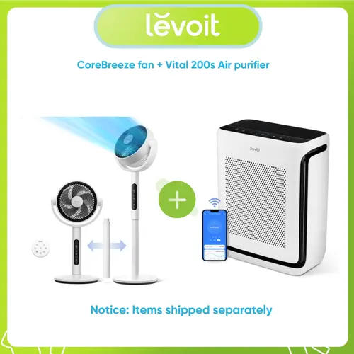 LEVOIT Corebreeze R432 Oscillating Fan & Vital 200s Smart WiFi Air Purifier Bundle - DC Motor, 9 Adjustable Speeds, Quiet Operation, Remote, 82ft Reach, 22ft Wind Speed, 800cfm, Large Room Filter, Allergies/Pet Hair/Odors, Batteries Compatible, Fan For Be