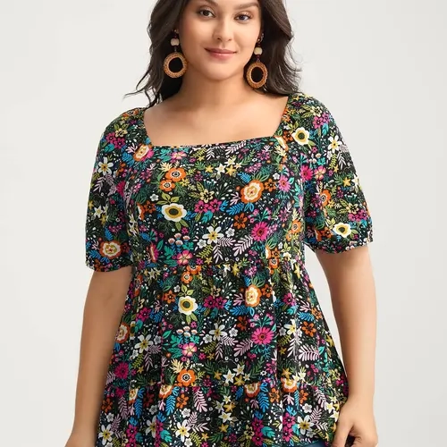 BloomChic Women's Curvy Plus Size Lantern Short Sleeve Floral Print Square Neck Fitted Blouse - Lightweight Smooth Polyester, Neck-Lengthening, Boutique Tops for Women, Casual Summer Travel, [M-6X] Back To School,SohoChic