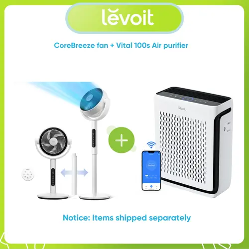 Levoit Corebreeze R432 Oscillating Circulator Pedestal Fan-Vital 100S Smart WiFi Air Purifier Bundle, DC Motor, 9-Speed, Ultra-Quiet 20db, Pedestal Stand, Oscillating Base, Fan for Bedroom, Remote, Sleep Mode, Covers Up to 1110 Ft², Room Appliances, Batte
