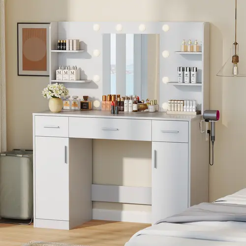 Sweetcrispy Contemporary Multi-Functional Furniture-Style Vanity Desk with Mirror - Dimmable, Freestanding Backlit, 11 LEDs Create Salon-Like Makeup Glow, Power Outlet, Drawers, Shelves, Cabinet, Hair Dryer Holder for Bedroom Girls