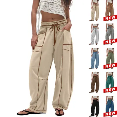 UANEO Women's Baggy Barrel Pants Wide Leg Lounge Drawstring Sweatpants with Pockets Minimalist Bottoms Casual Style Comfortable Breathable Material TikTokShopBlackFriday Womenswear Khaki