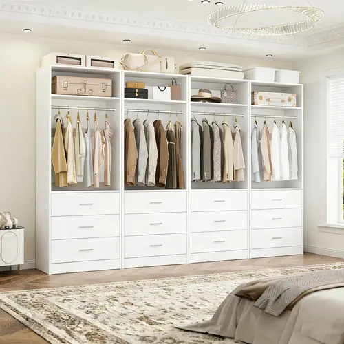 Cyclysio Modular Closet Organizer - Heavy Duty, Waterproof 24"-96" Freestanding Walk-in Wardrobe with 3 Wood Drawers & Hanging Rod, 1-4 Piece Custom Set for Closet Organization, Room Storage, Small Spaces,dorm essentials,home decor,sohochic