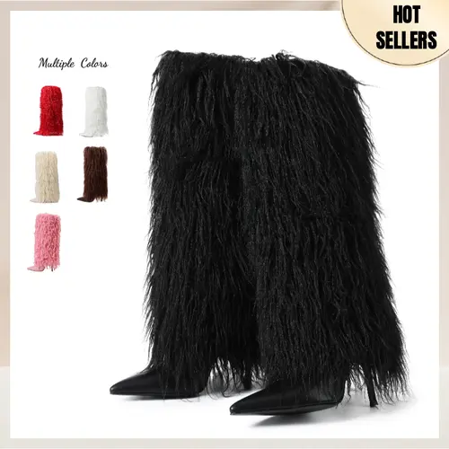 AOSPHIRAYLIAN Women's Fashion Pointed Toe Knee-High Fluffy Fur Boots, Stiletto Heel Pull-On Solid Color Footwear for Nightclub Dresses, Stylish Women's Shoe, Furboots sohochic